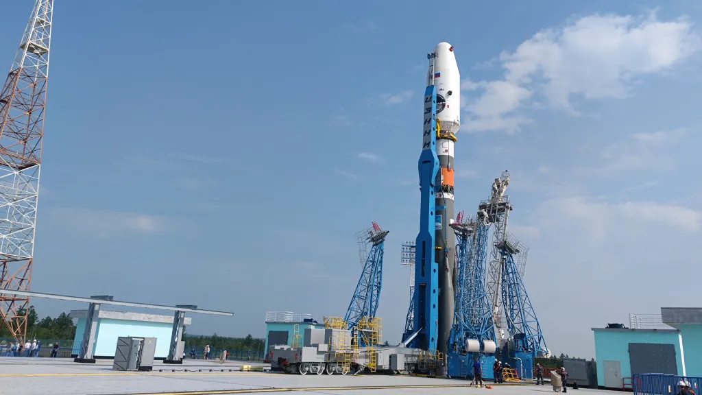 Russian Soyuz 2.1b rocket with space weather satellites installed at Vostochny launch pad 