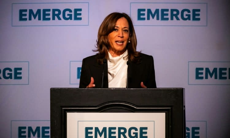 Ex-VP Harris says Trump's America is 'self-serving'