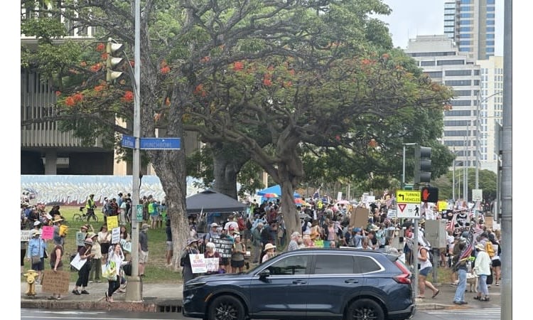 Waves of protesters flood US streets against 'king' Trump