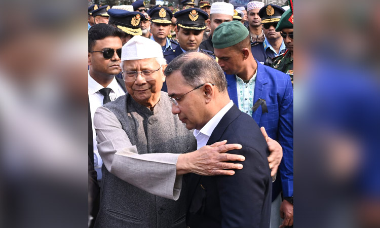 CA consoles Tarique Rahman on his arrival at janaza venue 