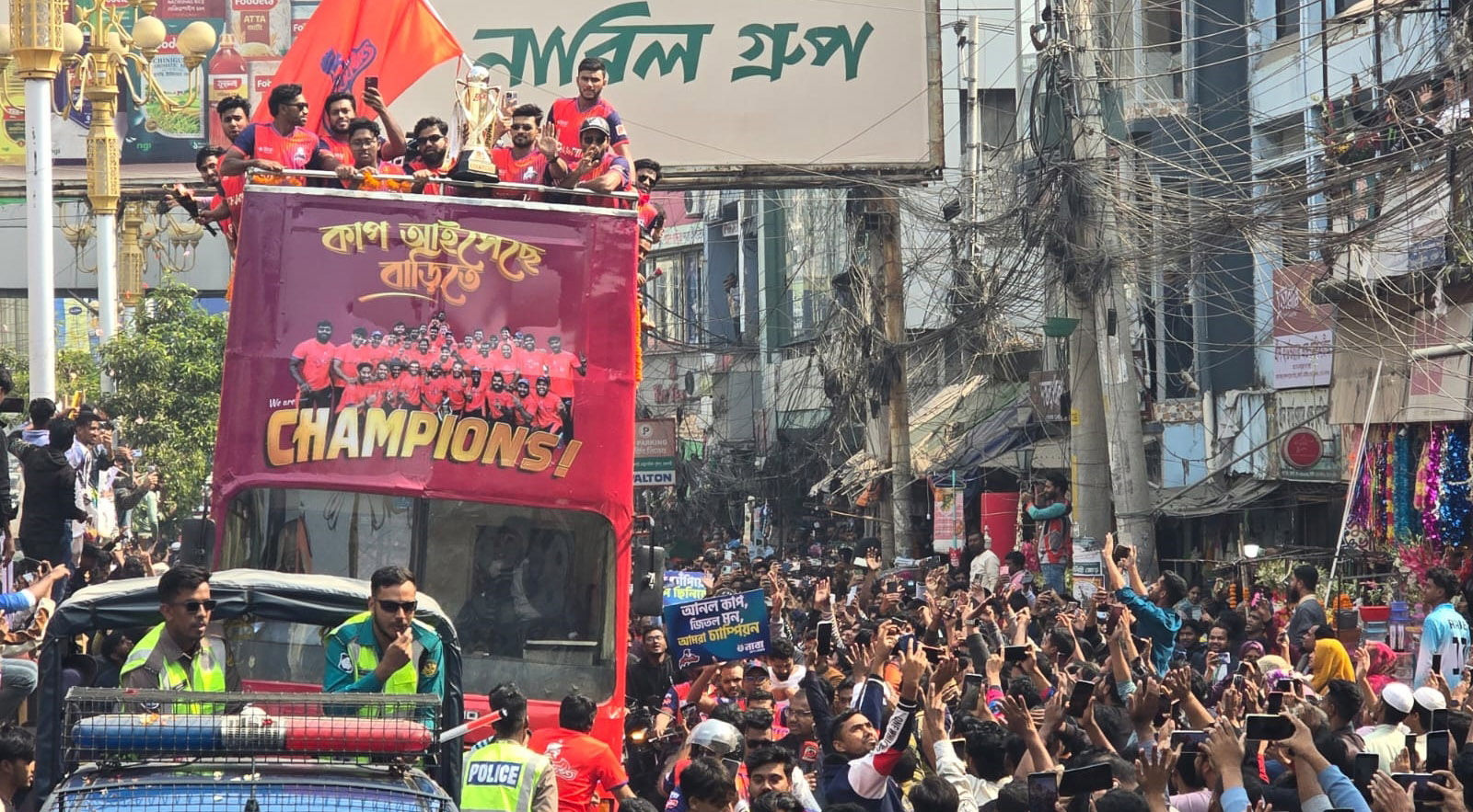 Reception for BPL champions Rajshahi Warriors on an open-top Bus