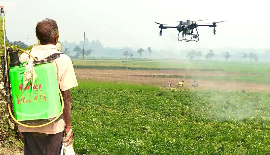 Drone technology used to spray pesticides in Niamatpur 