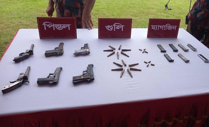 Six pistols and ammunition recovered from Satchhari Forest in Habiganj