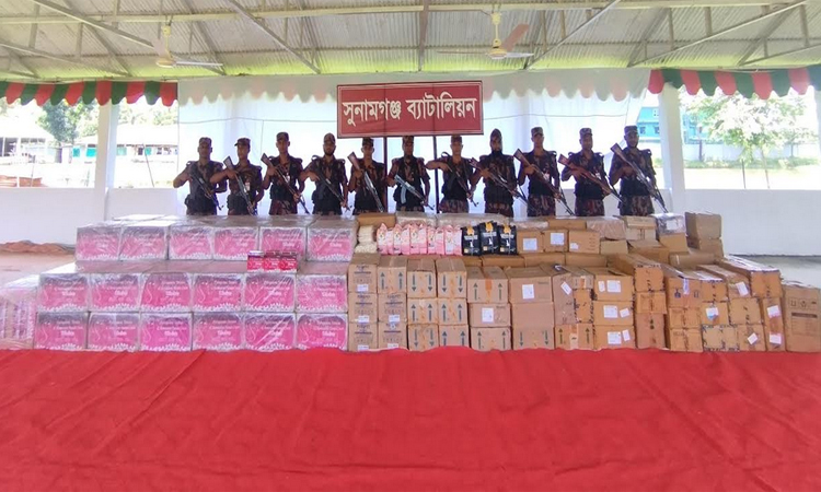 সুনামগঞ্জে যৌথবাহিনীর অভিযানে ১ কোটি ৬২ লাখ টাকার অবৈধ মালামাল জব্দ